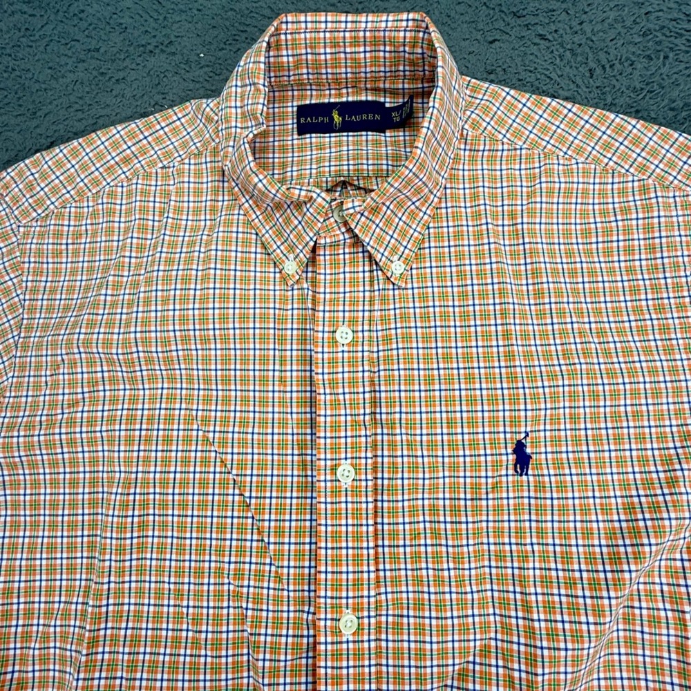 Ralph Lauren Button Down Shirt Mens XL Orange Green Plaid Short Sleeve Pony Logo